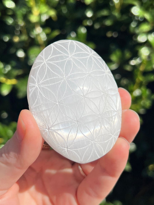 Selenite Flower of Life Palm Stones